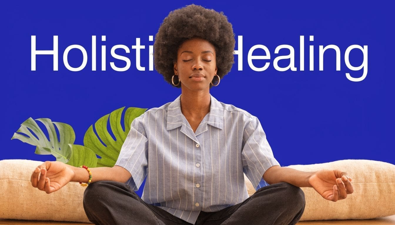 A young woman with an afro hairstyle meditating in a seated yoga pose for holistic healing.
