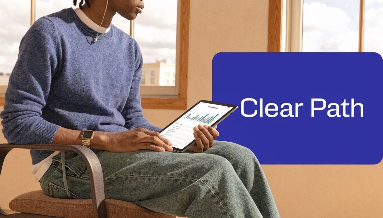 A young man sits in a chair while reviewing clinical mental health progress charts on a tablet.