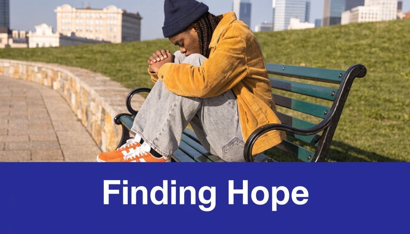 A young man sitting on a park bench with his head down, appearing sad and looking for hope.