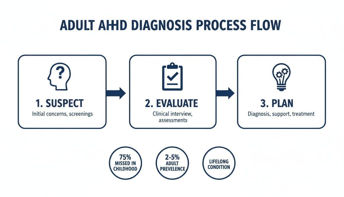 Flowchart detailing the three-step adult AHD diagnosis process: Suspect, Evaluate, Plan, with supporting statistics.