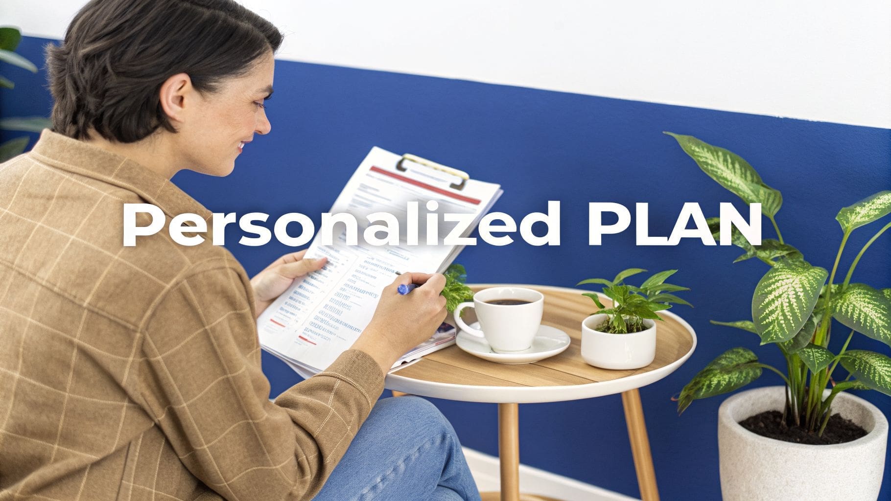 A person reviews a personalized plan on a clipboard while seated with coffee and plants.