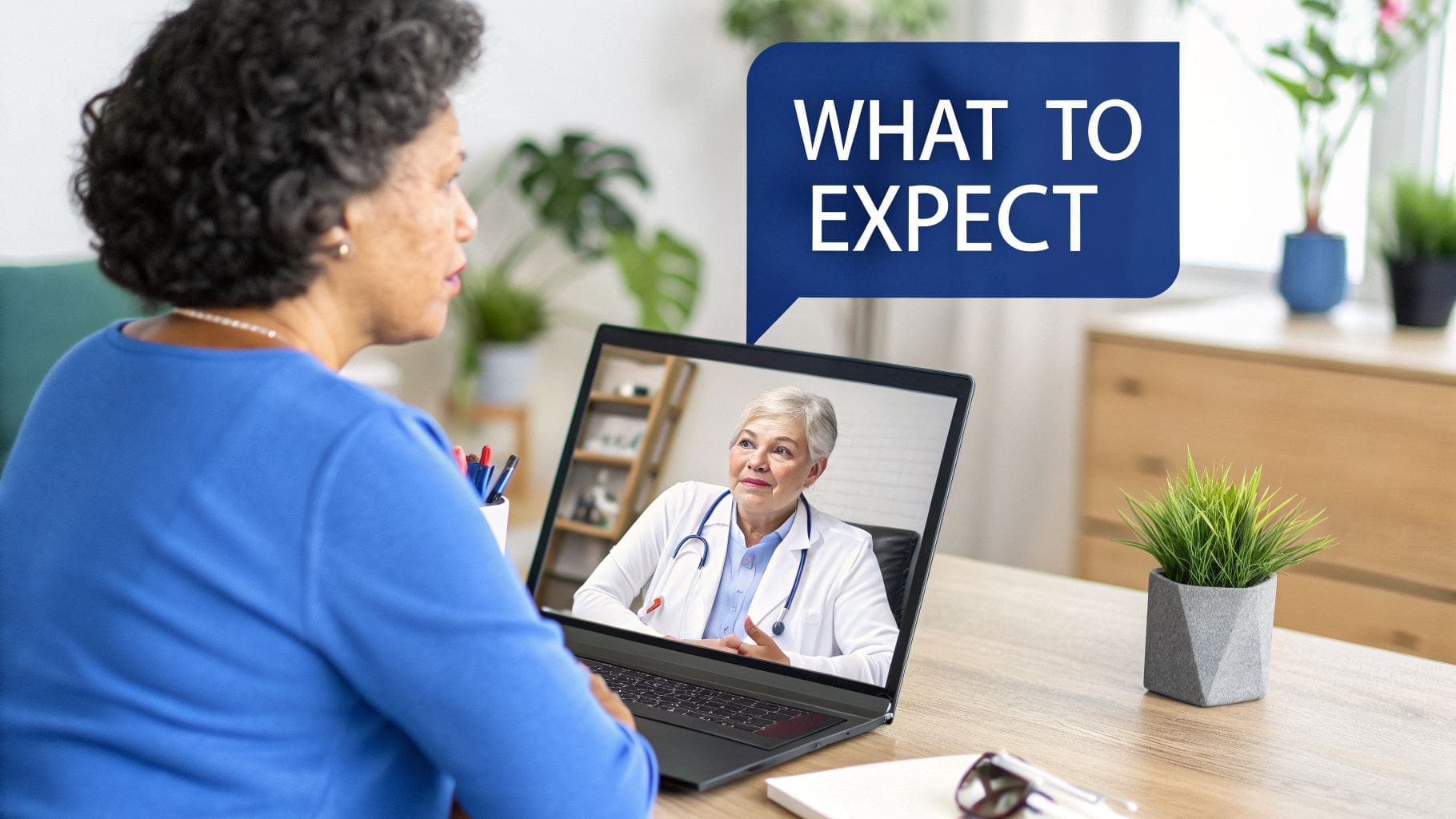 An older Black woman on a telehealth call with a doctor, with 'WHAT TO EXPECT' text.