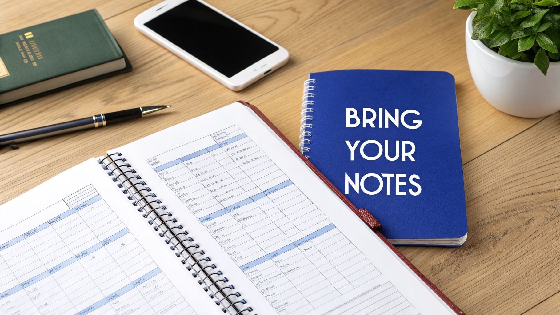 Overhead shot of a wooden desk with an open planner, a blue 'BRING YOUR NOTES' notebook, phone, pen, and plant.