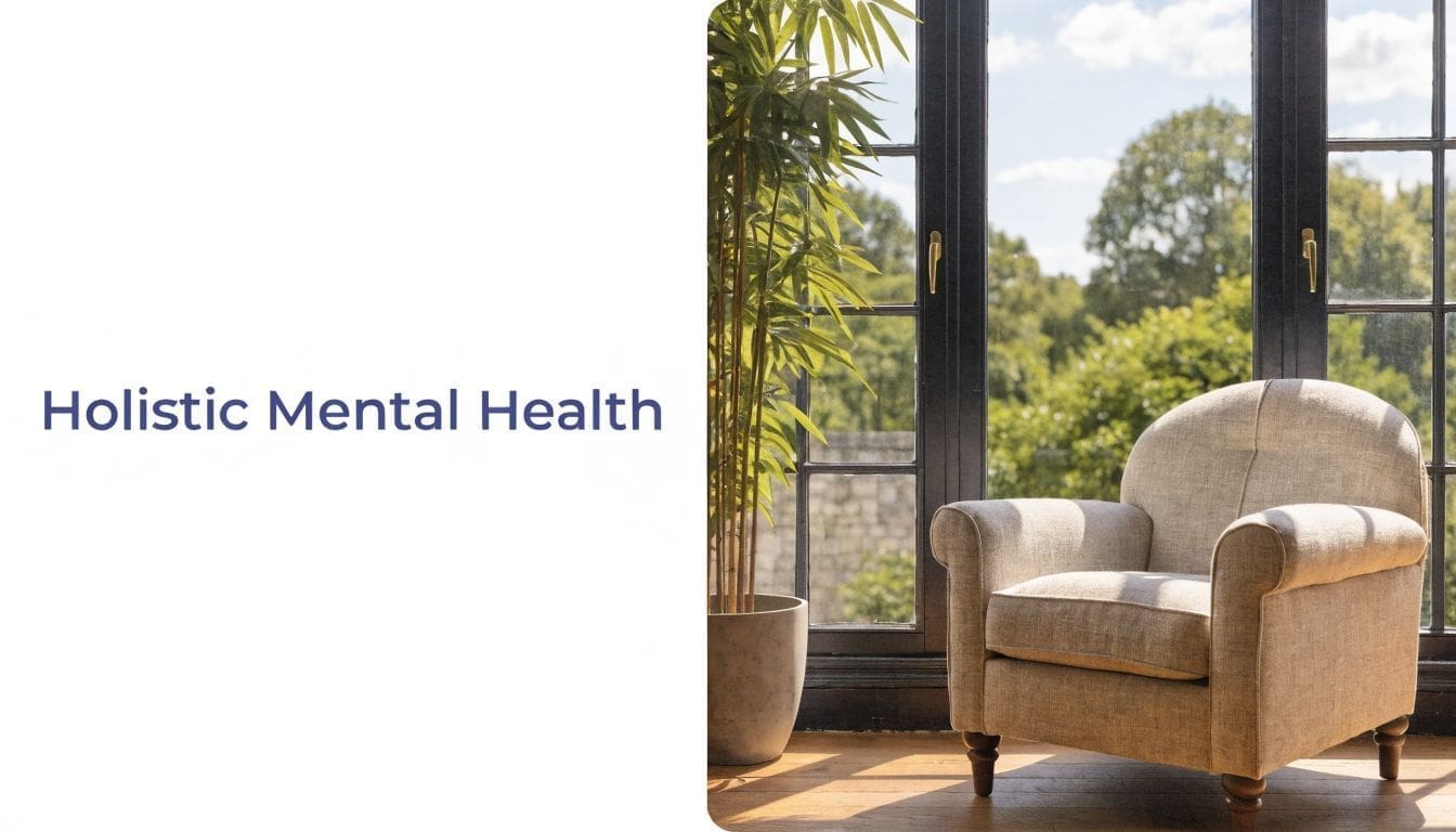 A cozy armchair next to a potted plant in front of a bright window with trees.