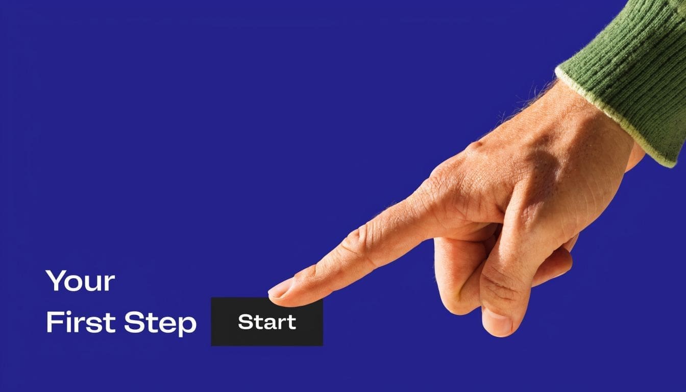 A hand pointing at a button labeled Start, indicating the first step to finding an integrative psychiatrist.
