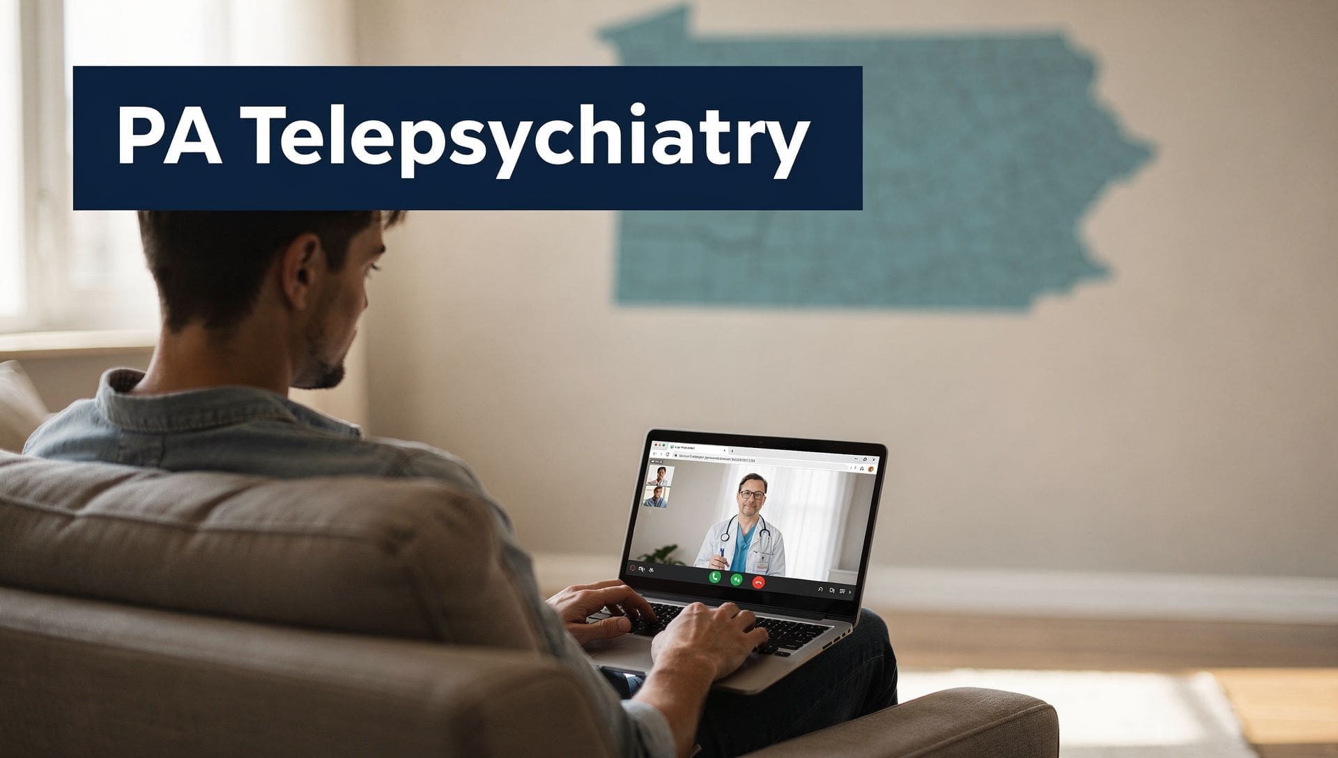 A man sits on a couch using a laptop for a video call with a psychiatrist.