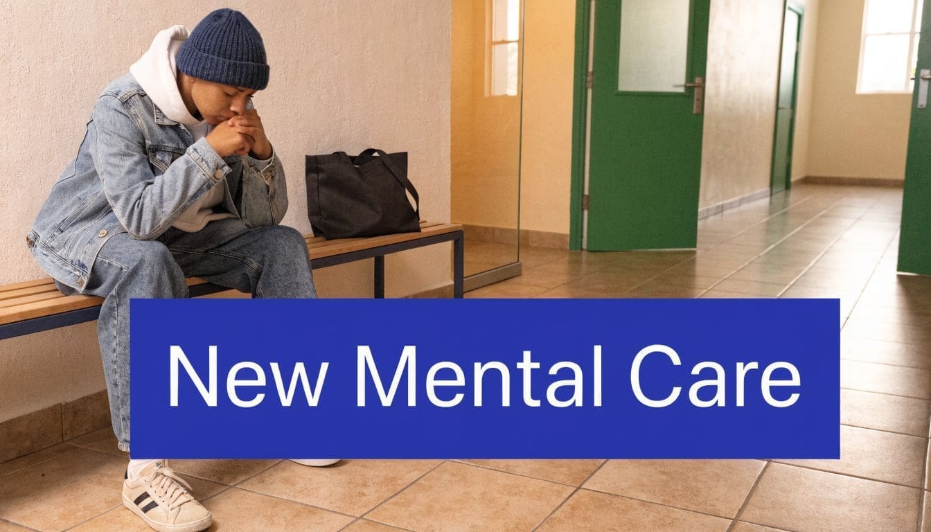 A young person wearing a beanie sits on a bench looking sad in a school hallway.