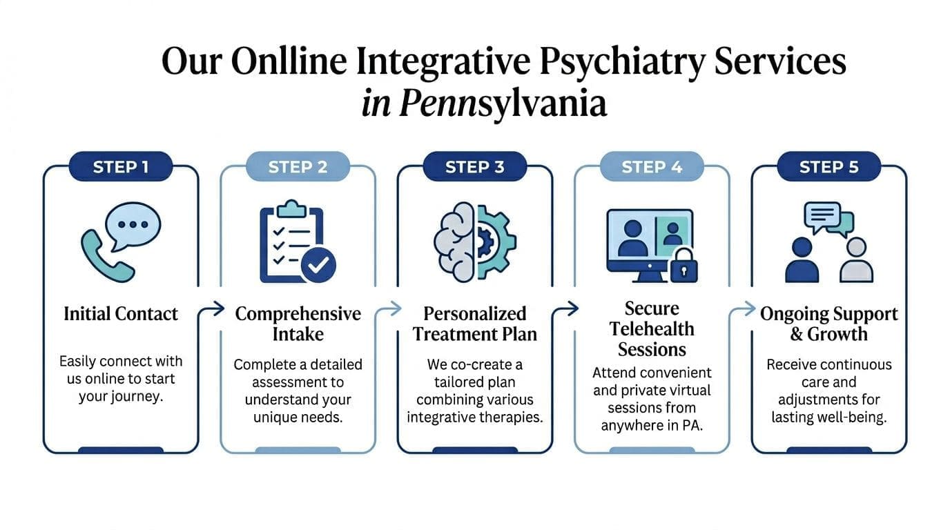 A flowchart showing five steps for online integrative psychiatry services in Pennsylvania, from contact to ongoing support.