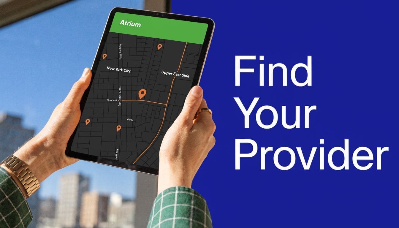 A person holding a tablet displaying a map interface to help find an integrative psychiatry healthcare provider.