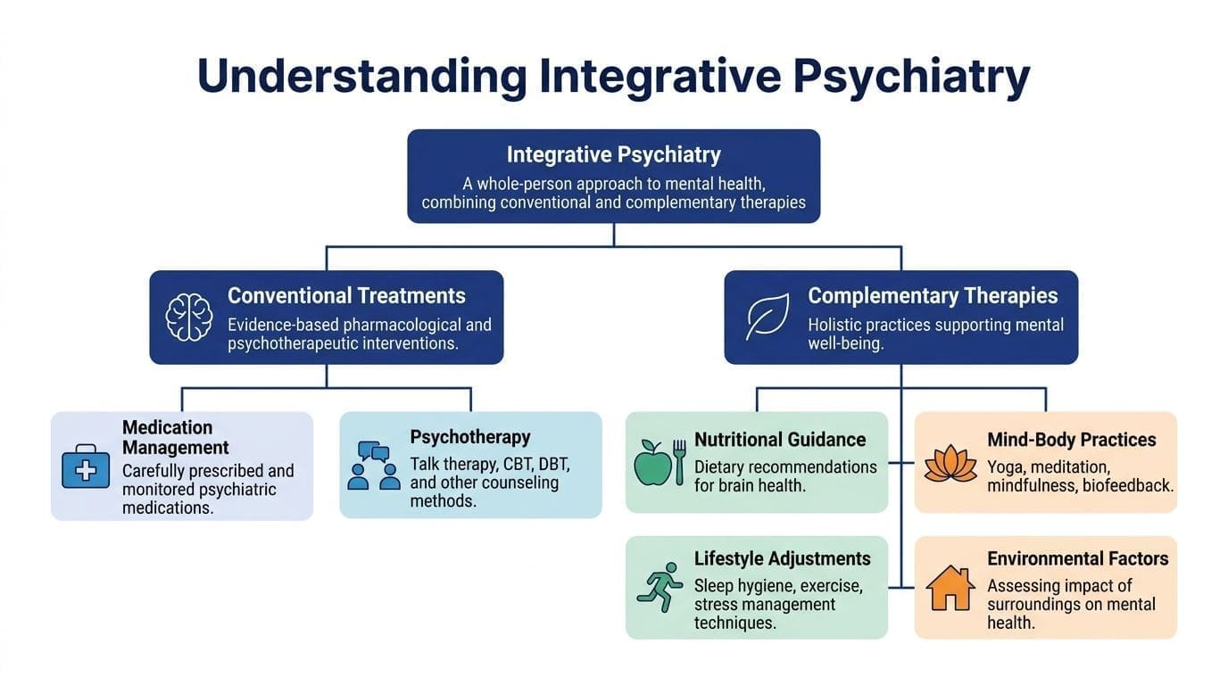 An infographic titled Understanding Integrative Psychiatry explaining the combination of conventional and complementary mental health treatments.