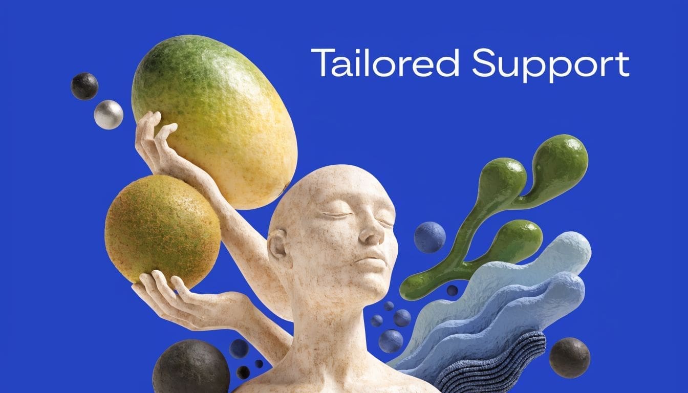 A conceptual 3D sculpture of a person holding fruit with organic shapes against a solid blue background.