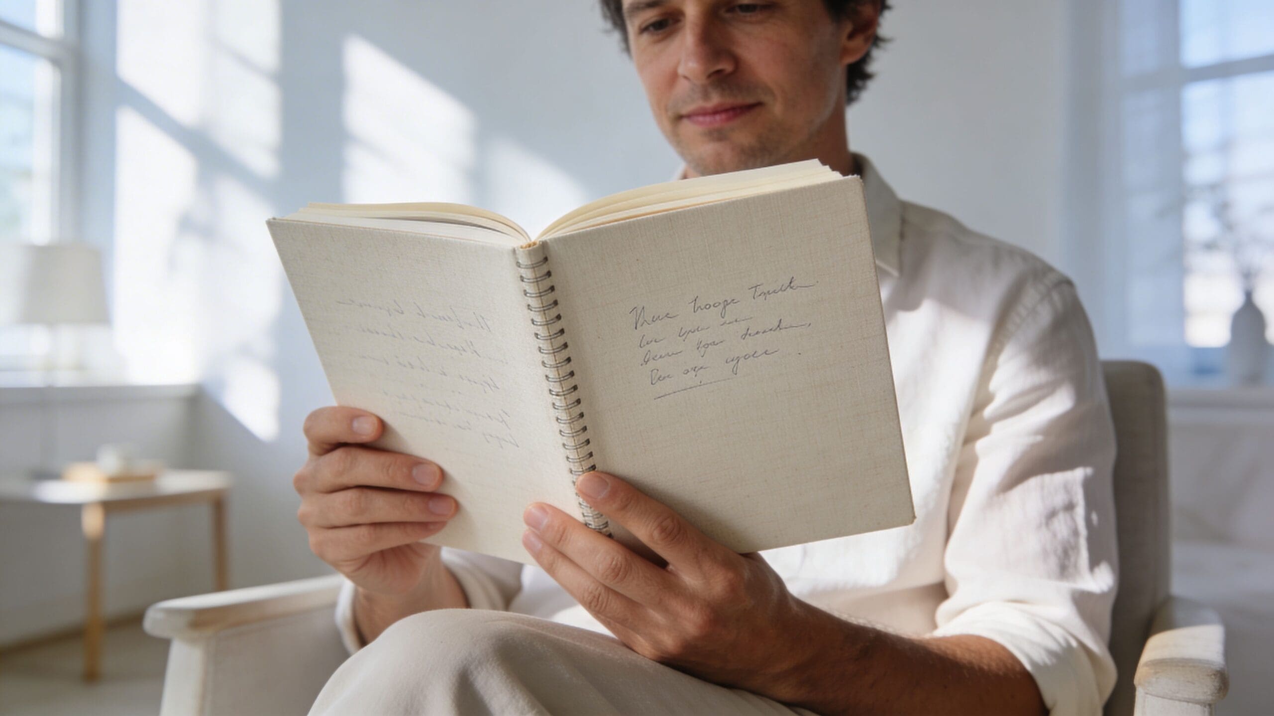 A man in a white shirt sits comfortably while reading and contemplating a notebook in a room.