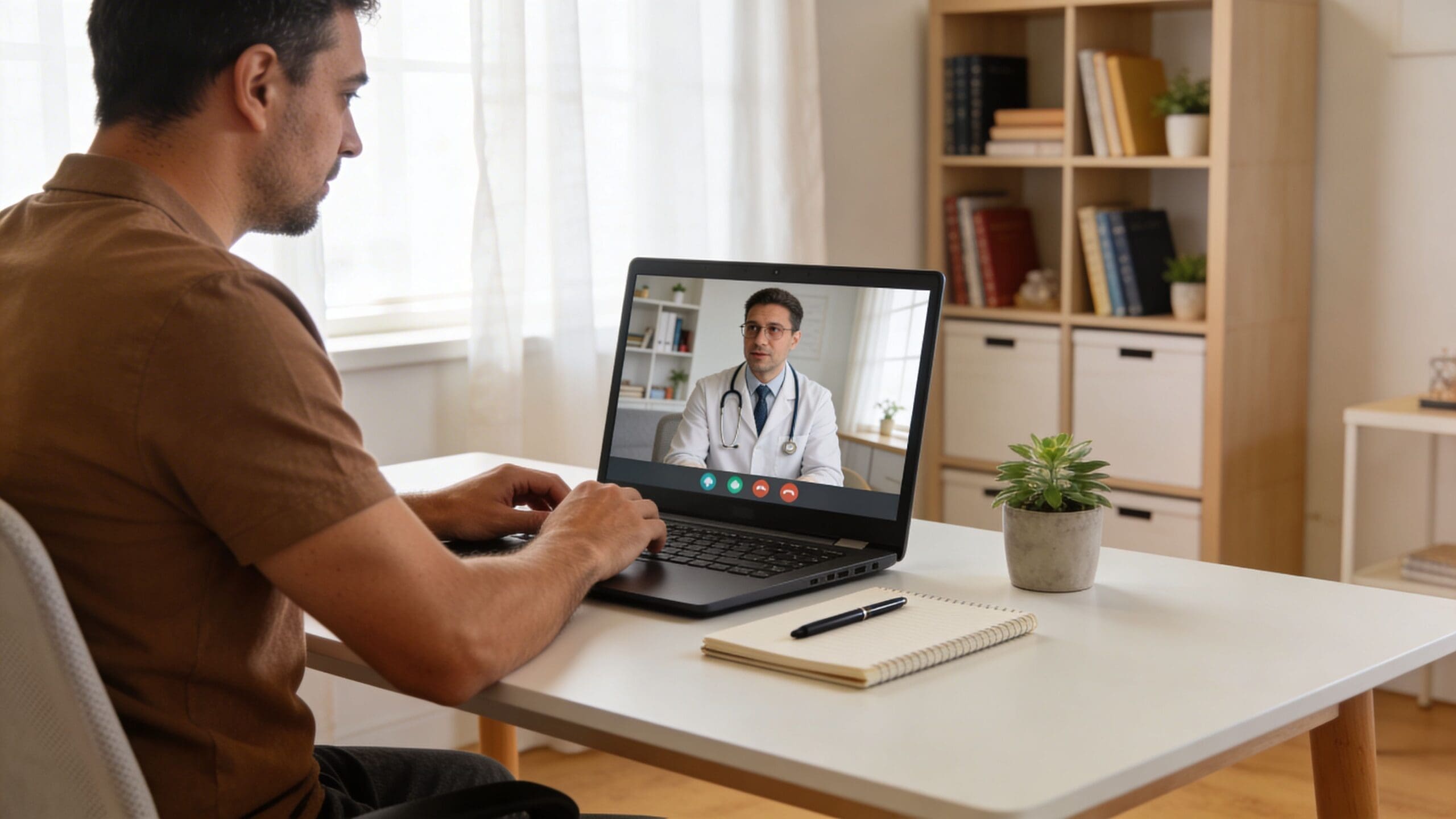 A man sitting at a desk and having a virtual video consultation with his doctor on a laptop.