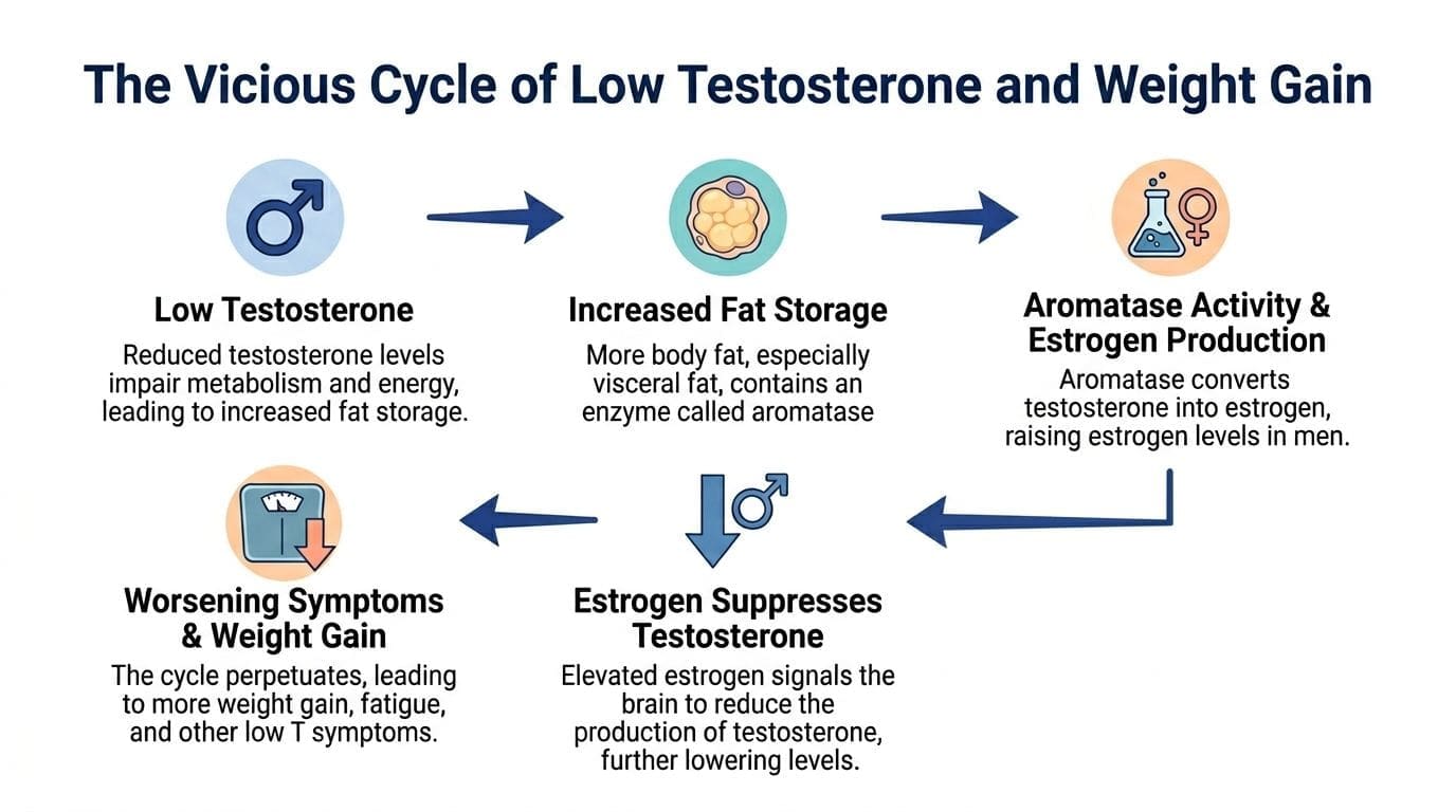 A diagram illustrating the vicious cycle between low testosterone levels and increased body weight gain in men.