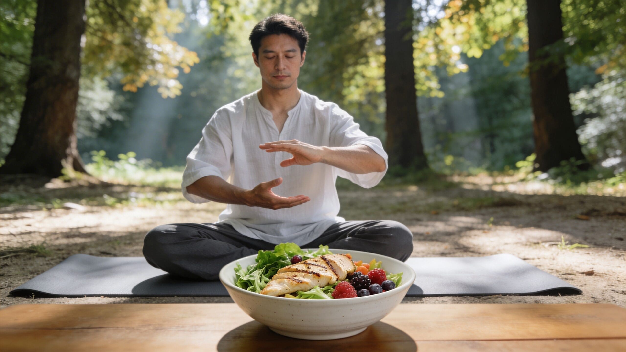 A man practicing mindfulness meditation in a forest near a bowl of healthy chicken salad