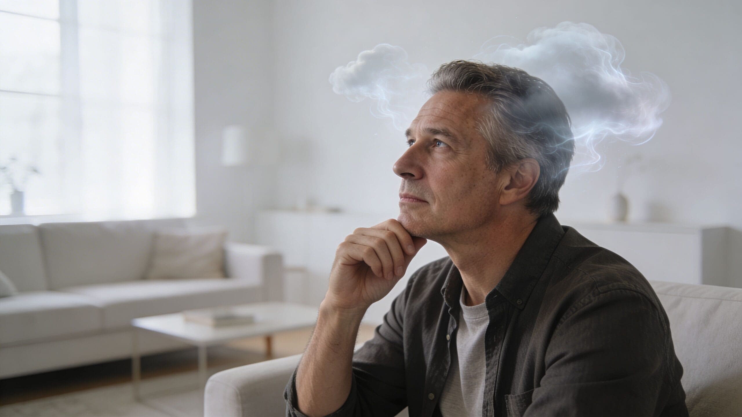 A mature man sits thoughtfully in a bright living room with a metaphorical cloud above his head.