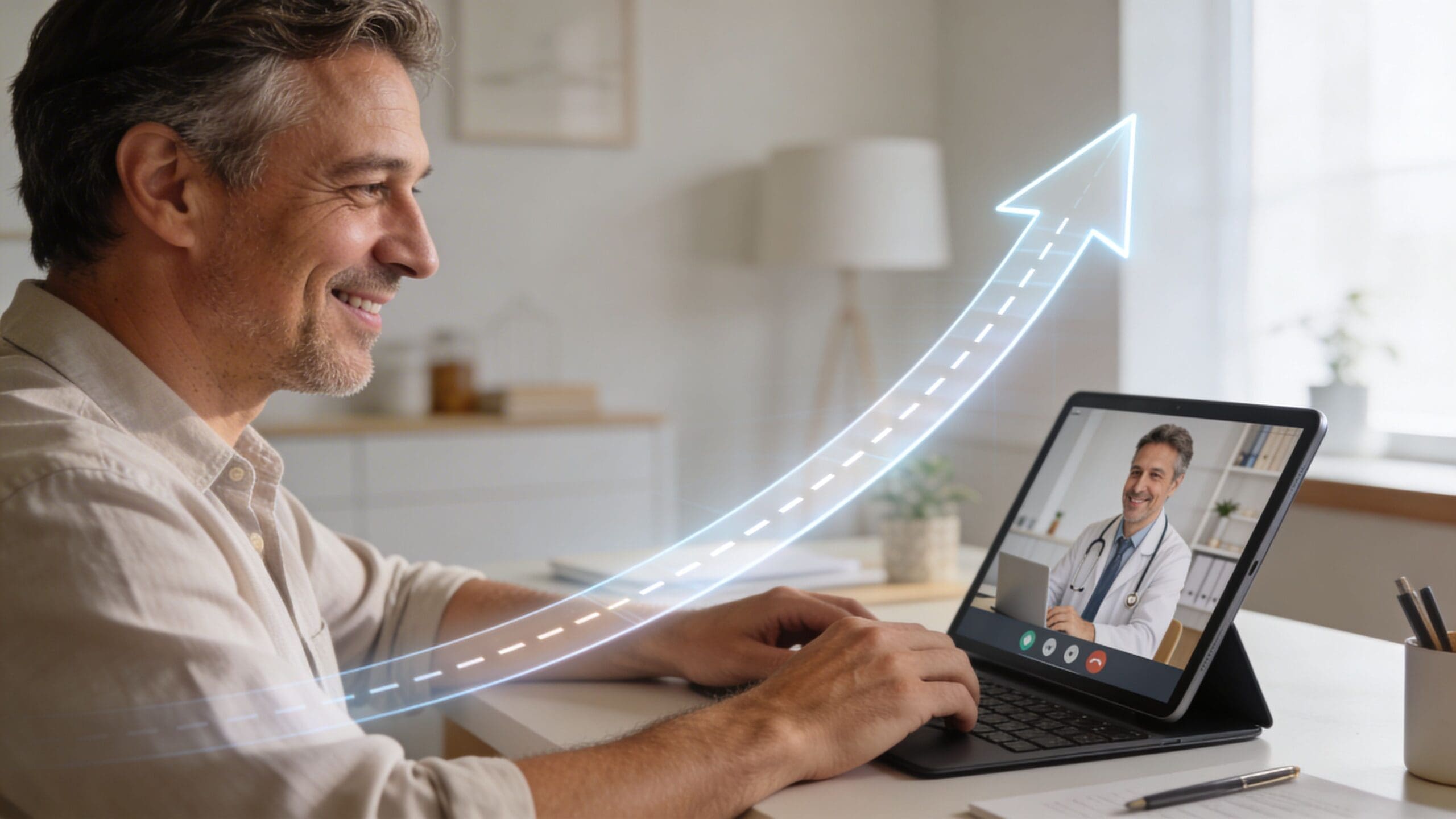 A man smiling while participating in a telehealth consultation about low testosterone and weight gain management