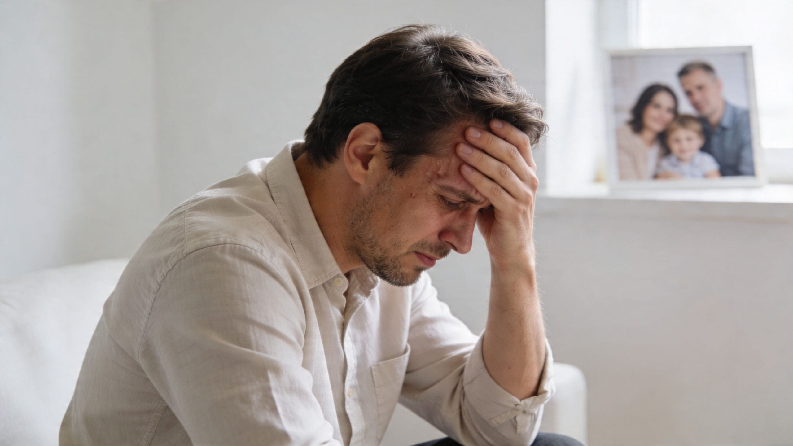 A distressed man sitting on a couch with his hand on his forehead, reflecting on personal issues.