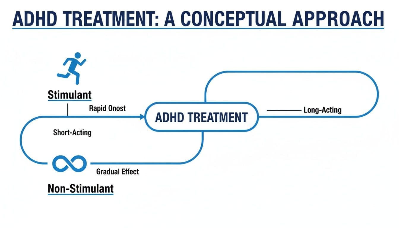 Conceptual diagram outlining ADHD treatment options, including stimulant (rapid, short-acting) and non-stimulant (gradual, long-acting) approaches.