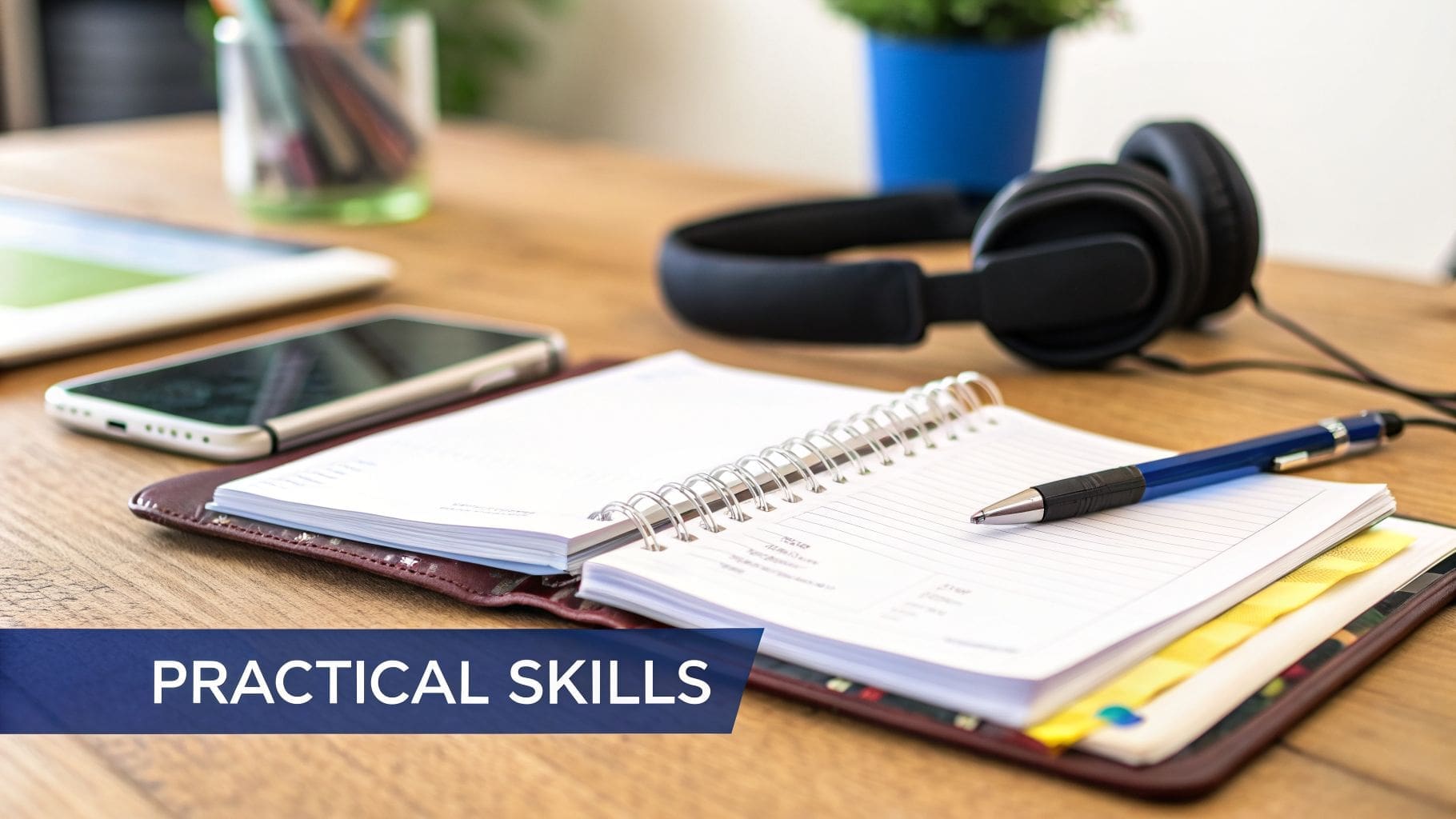 A desk setup with a notebook, pen, smartphone, tablet, headphones, and a plant, with 'PRACTICAL SKILLS' text.