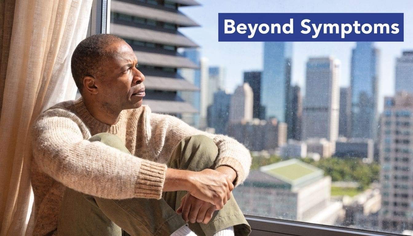 A man sits pensively by a window looking out at the Philadelphia city skyline.