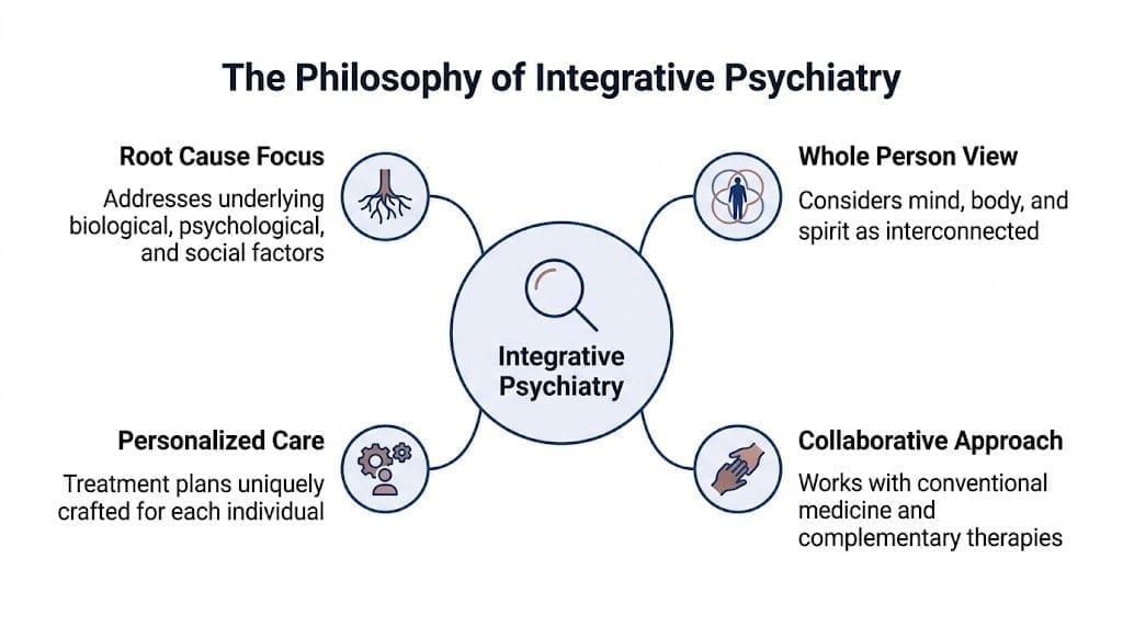 A diagram illustrating the four core components of the integrative psychiatry philosophy, including root cause and collaborative approach.