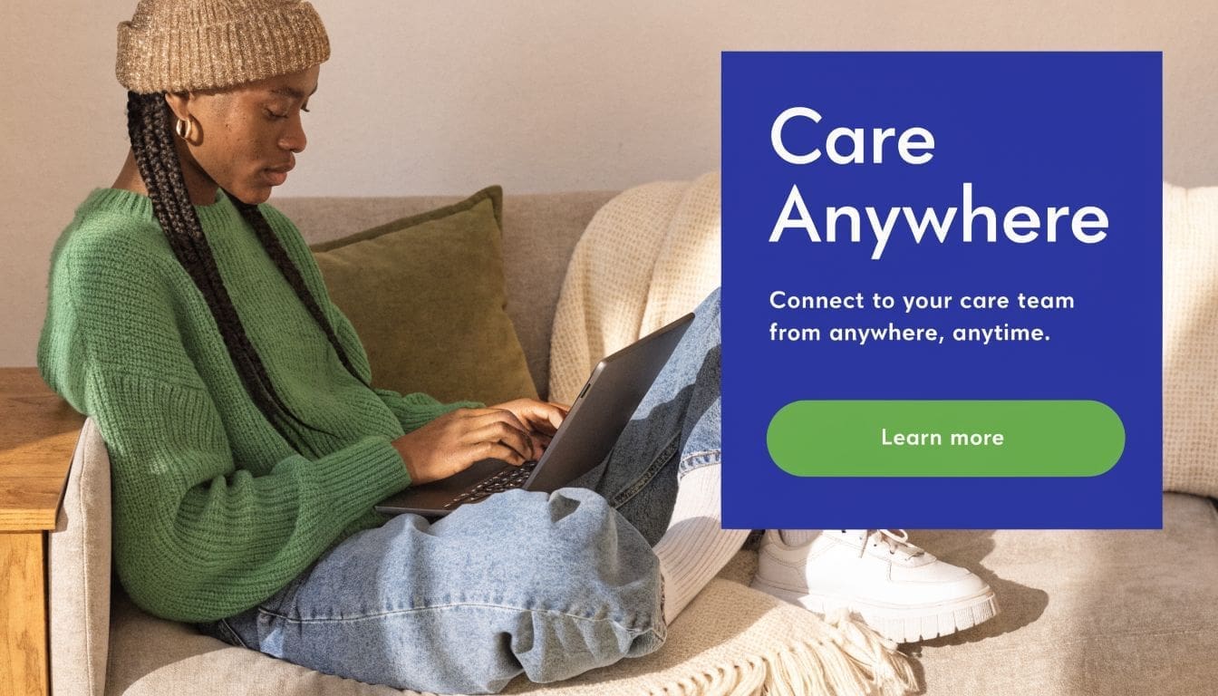 A person sitting on a couch comfortably while using a laptop for virtual healthcare consultations at home.