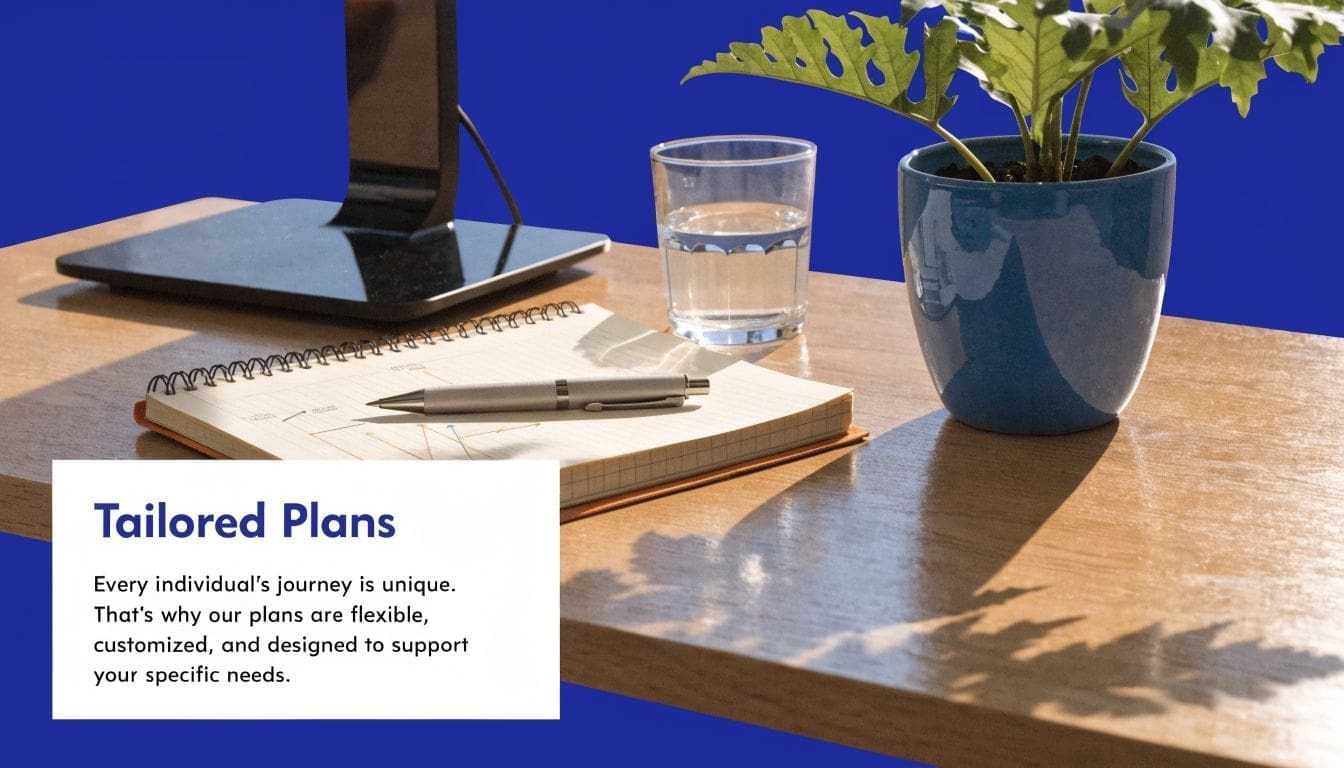 A wooden desk featuring a notebook, pen, glass of water, and a small potted plant.