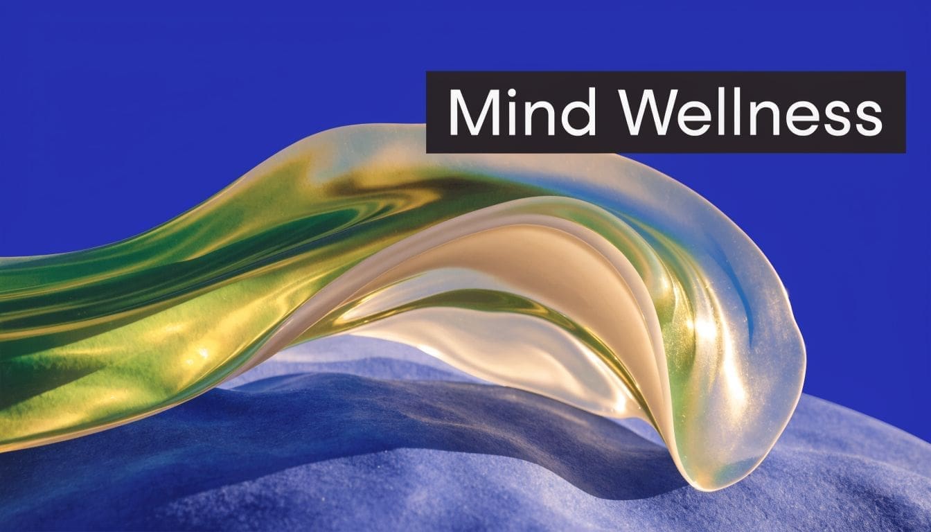 A smooth, flowing abstract sculpture with gold and green hues sitting on a textured blue surface.