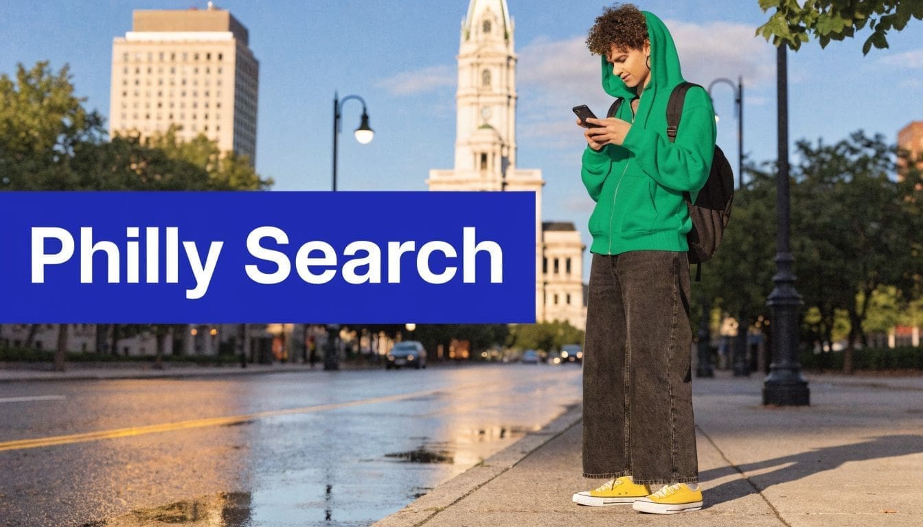 A person wearing a bright green hoodie uses a smartphone while standing on a Philadelphia street.