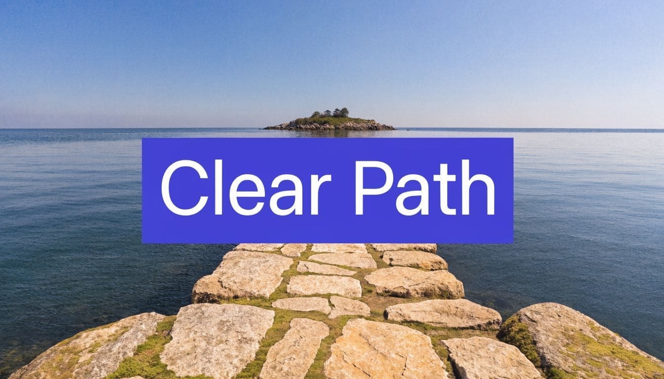 A stone walkway leading towards a small island in the calm, clear blue sea on a sunny day.