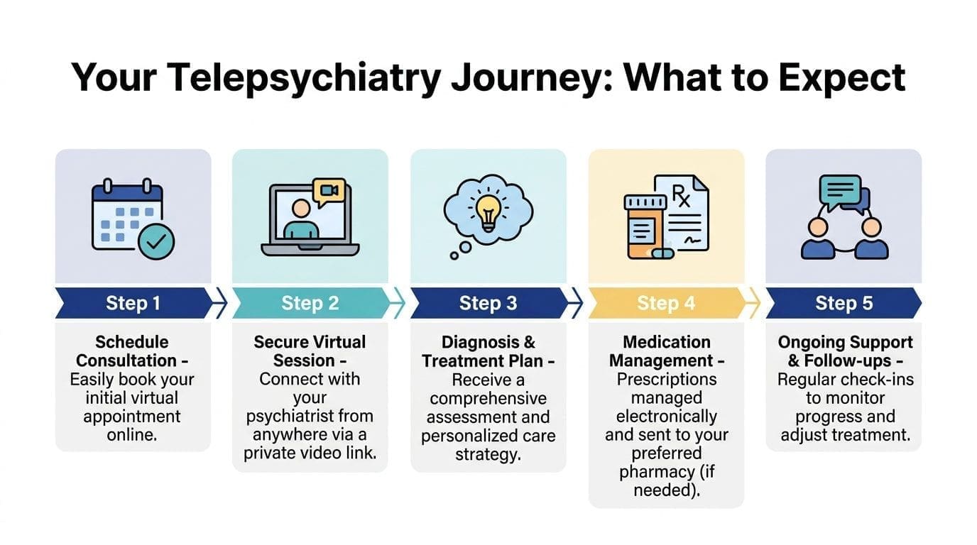 A flowchart showing the five steps of a telepsychiatry journey, from booking to ongoing patient support.