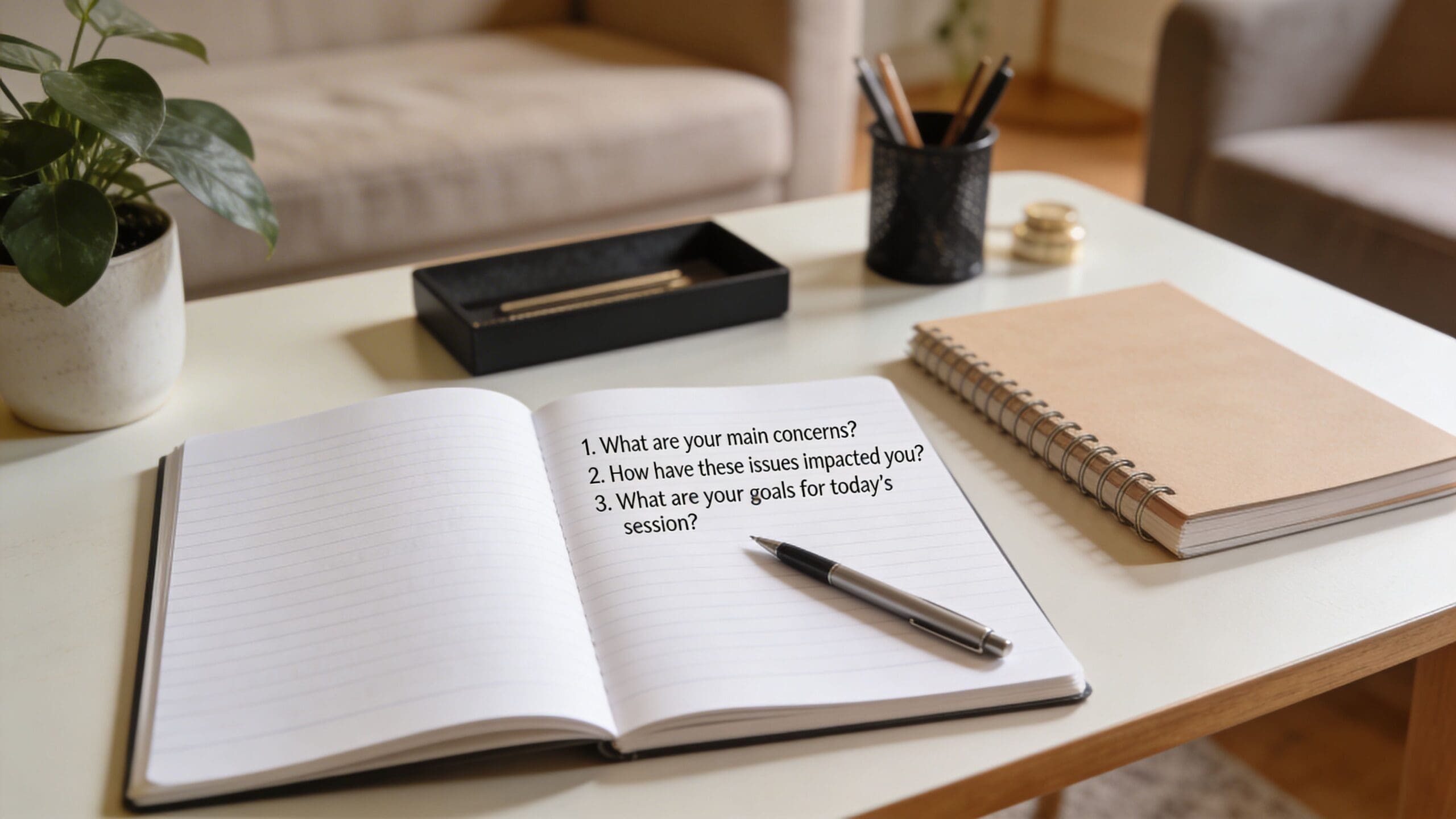 An open notebook with three counseling questions placed on a white table beside a plant and pen.