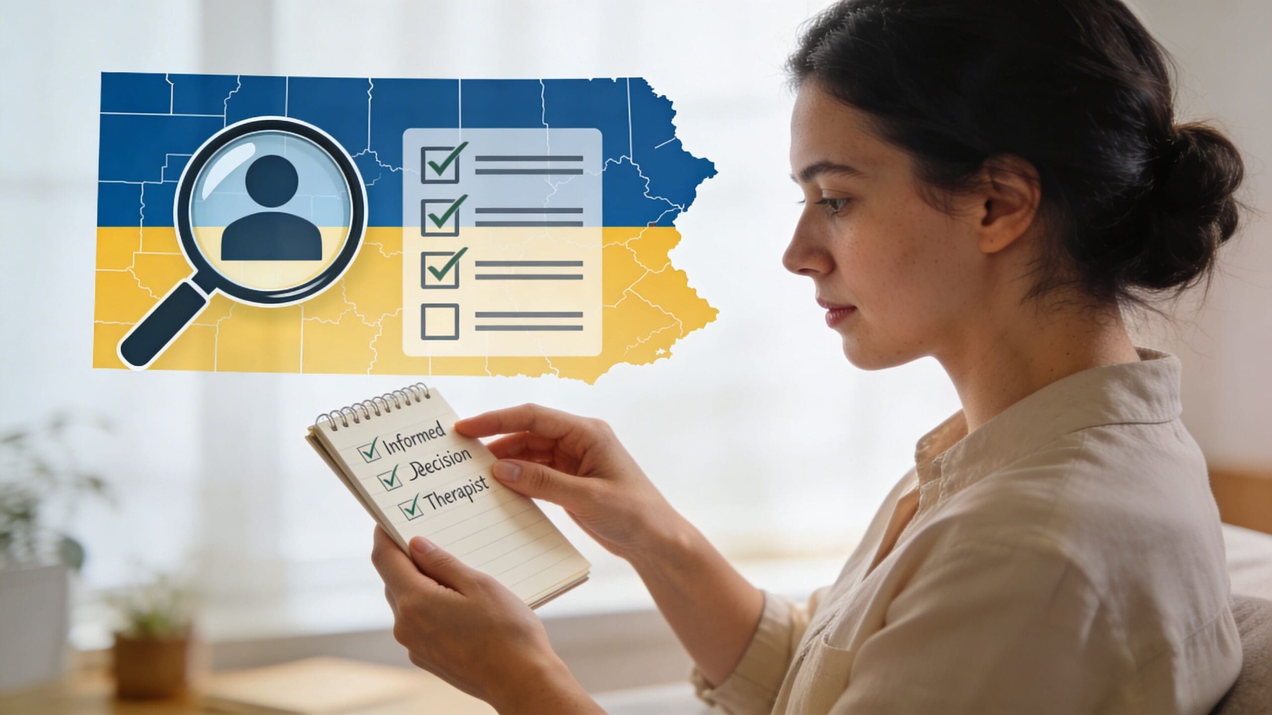 A woman reviewing a checklist about informed decisions and choosing a therapist for PTSD support.