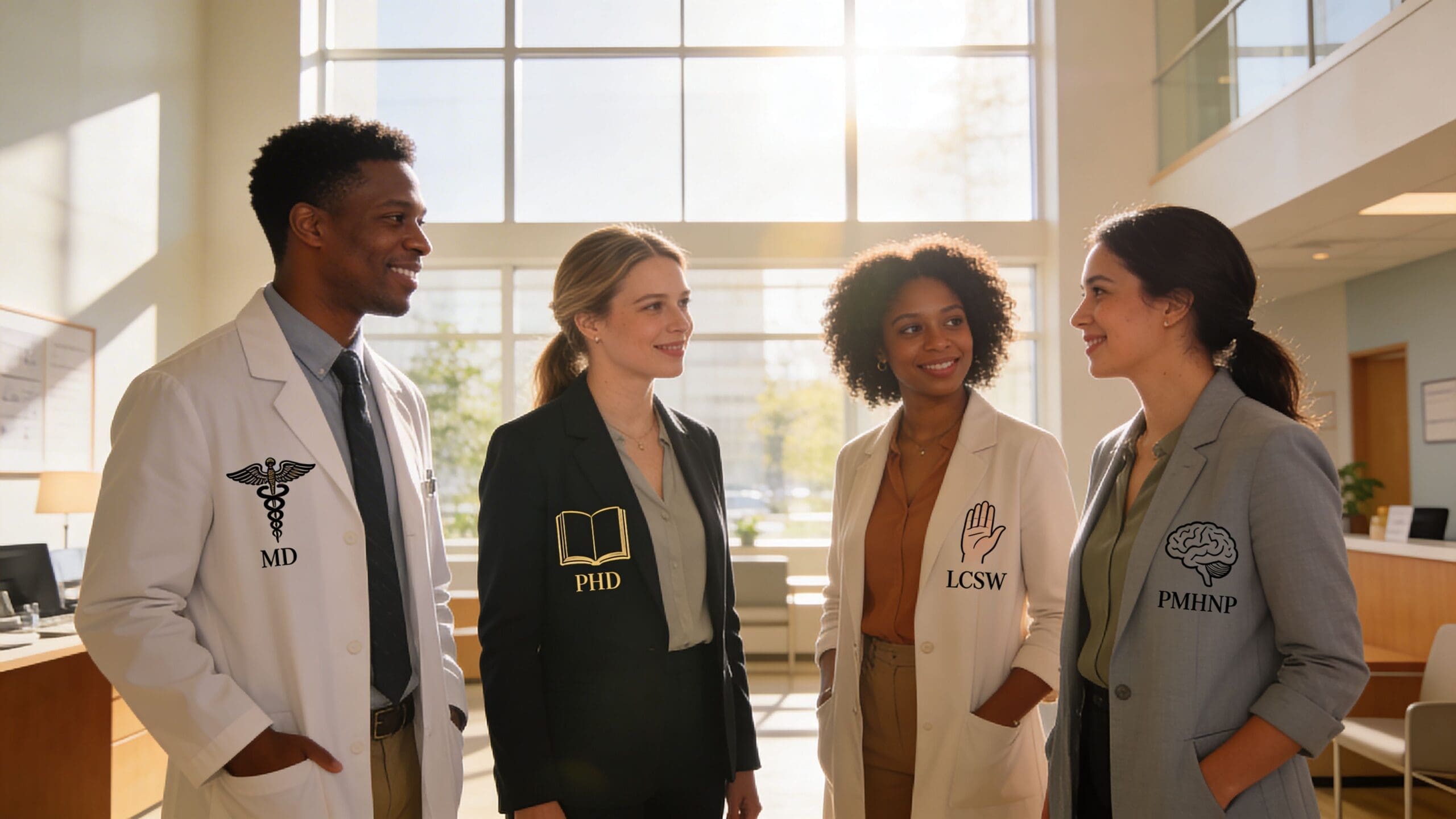 A diverse team of four medical and mental health professionals standing together in a bright office lobby.