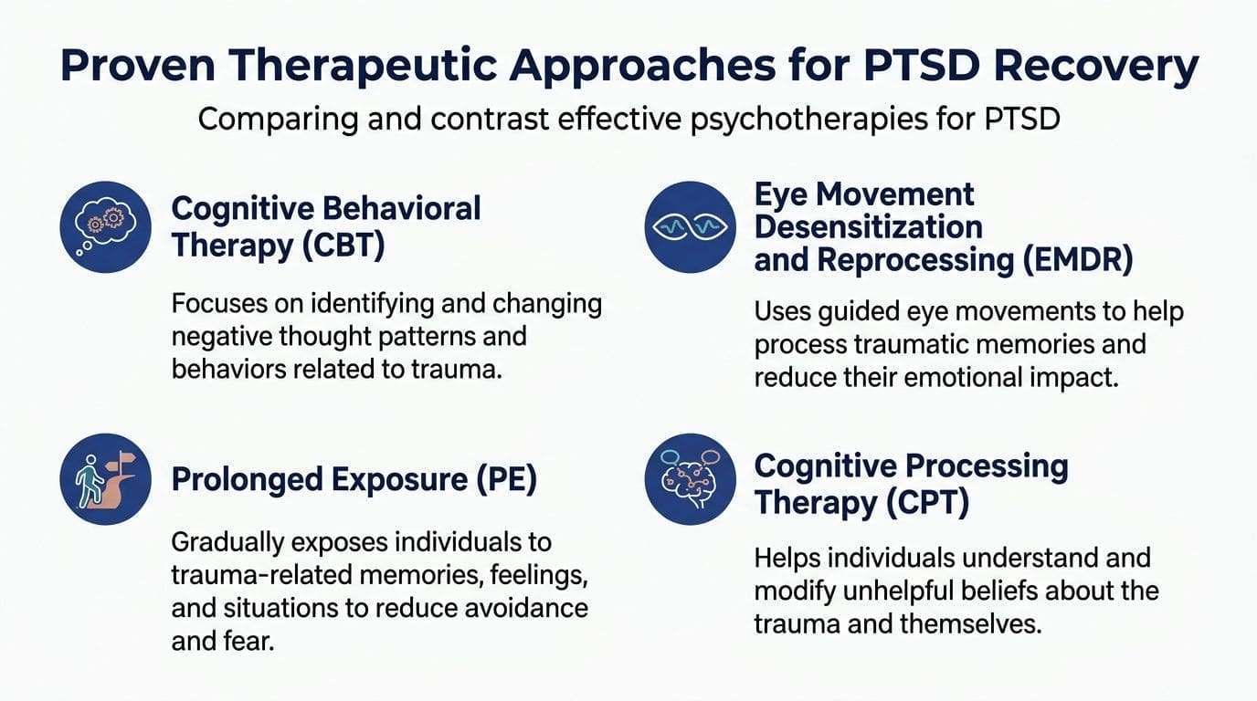 A visual guide summarizing four proven therapeutic approaches for PTSD recovery including CBT, EMDR, PE, and CPT.