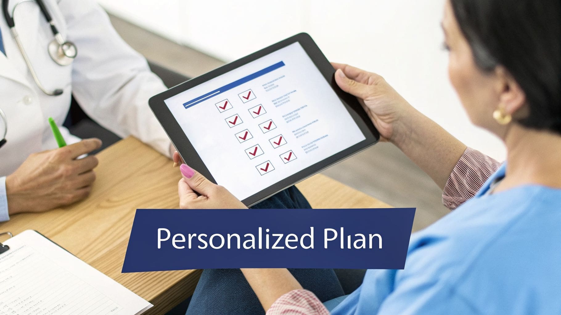 Healthcare provider and patient reviewing a digital personalized plan with checked options.