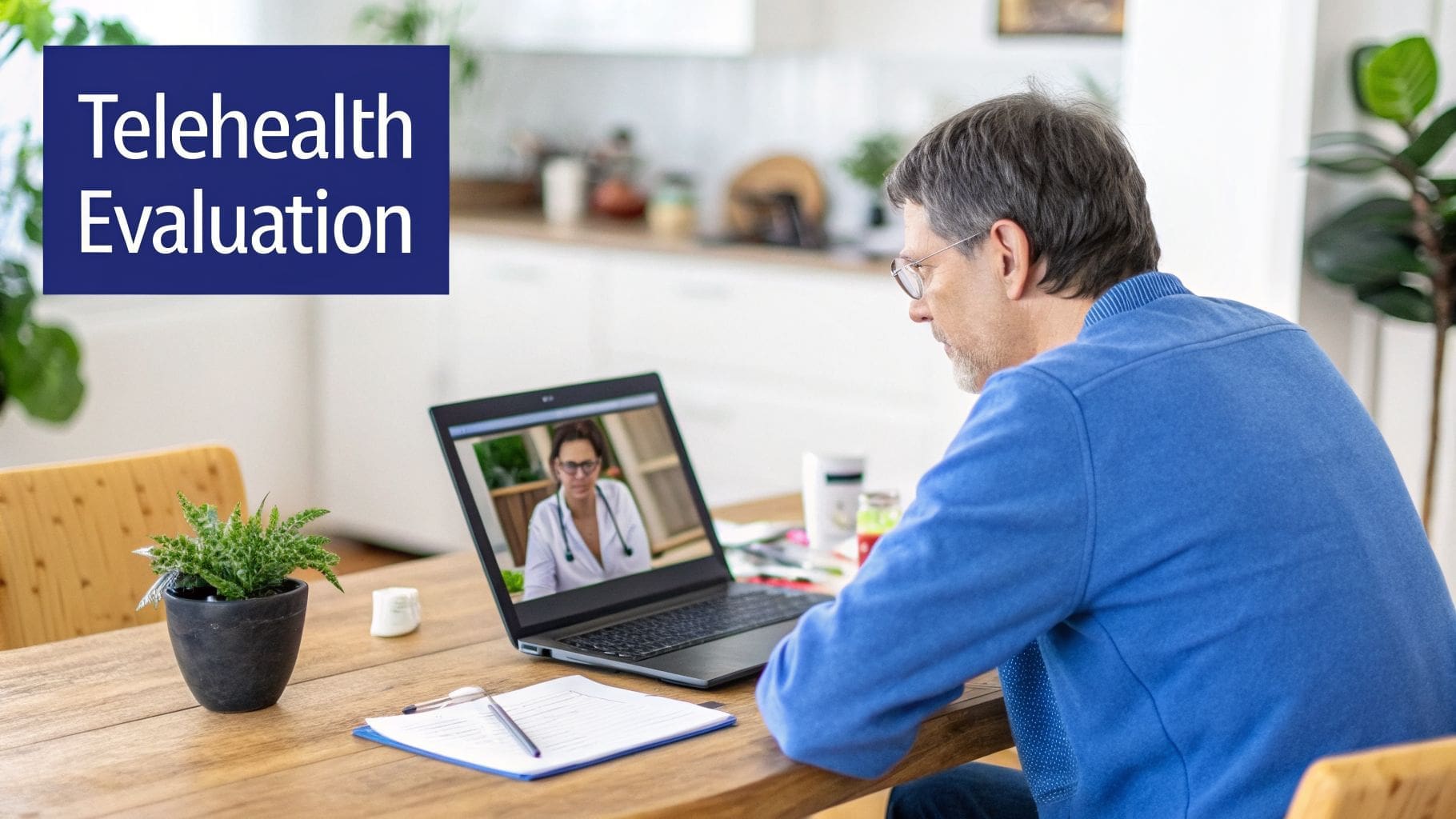 A man on a video call with a doctor for a telehealth evaluation on his laptop.