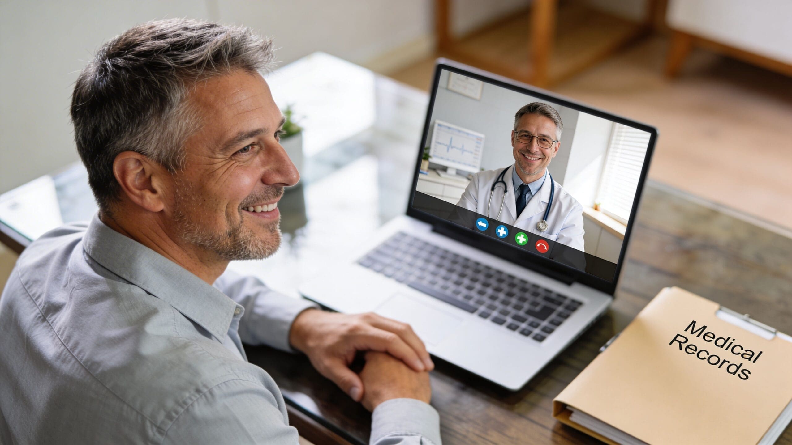 A middle-aged man participates in a video call with a doctor while reviewing his medical records.