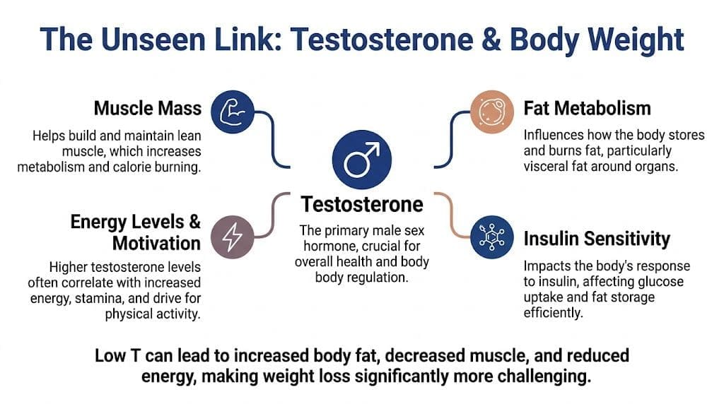 An infographic titled The Unseen Link: Testosterone & Body Weight showing four key physiological benefits of testosterone.