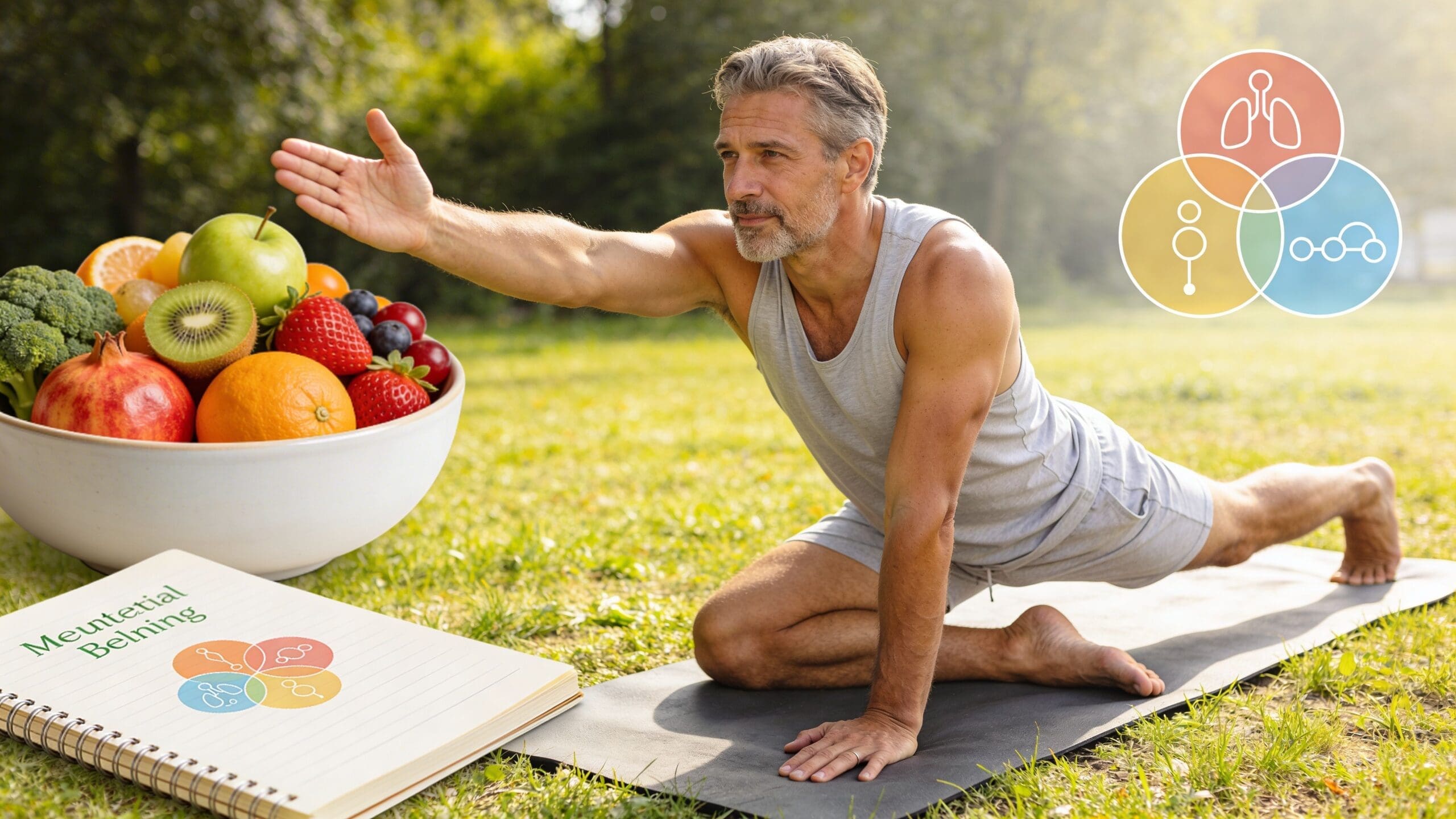 A fit mature man practicing yoga outdoors next to a large bowl of healthy fresh fruit.