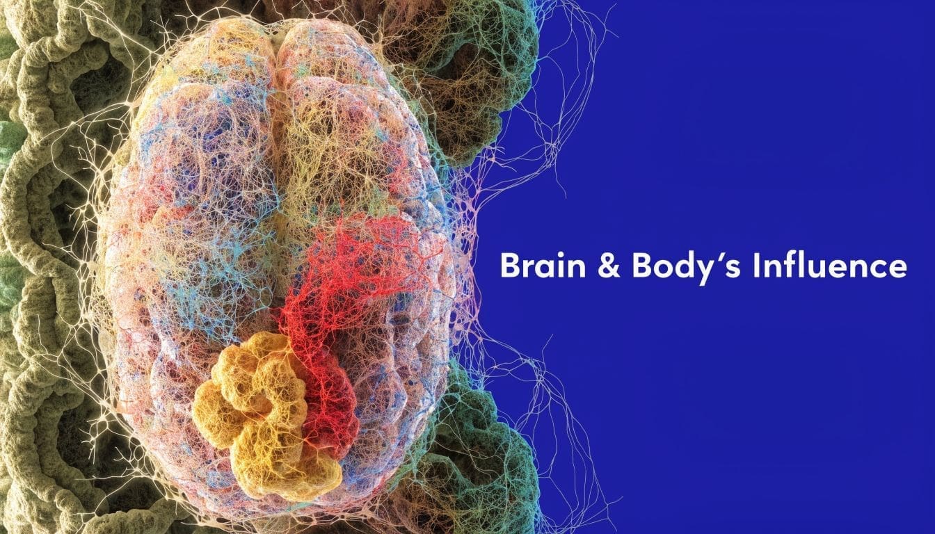 A digital illustration of a human brain with interconnected nerve fibers on a blue background.