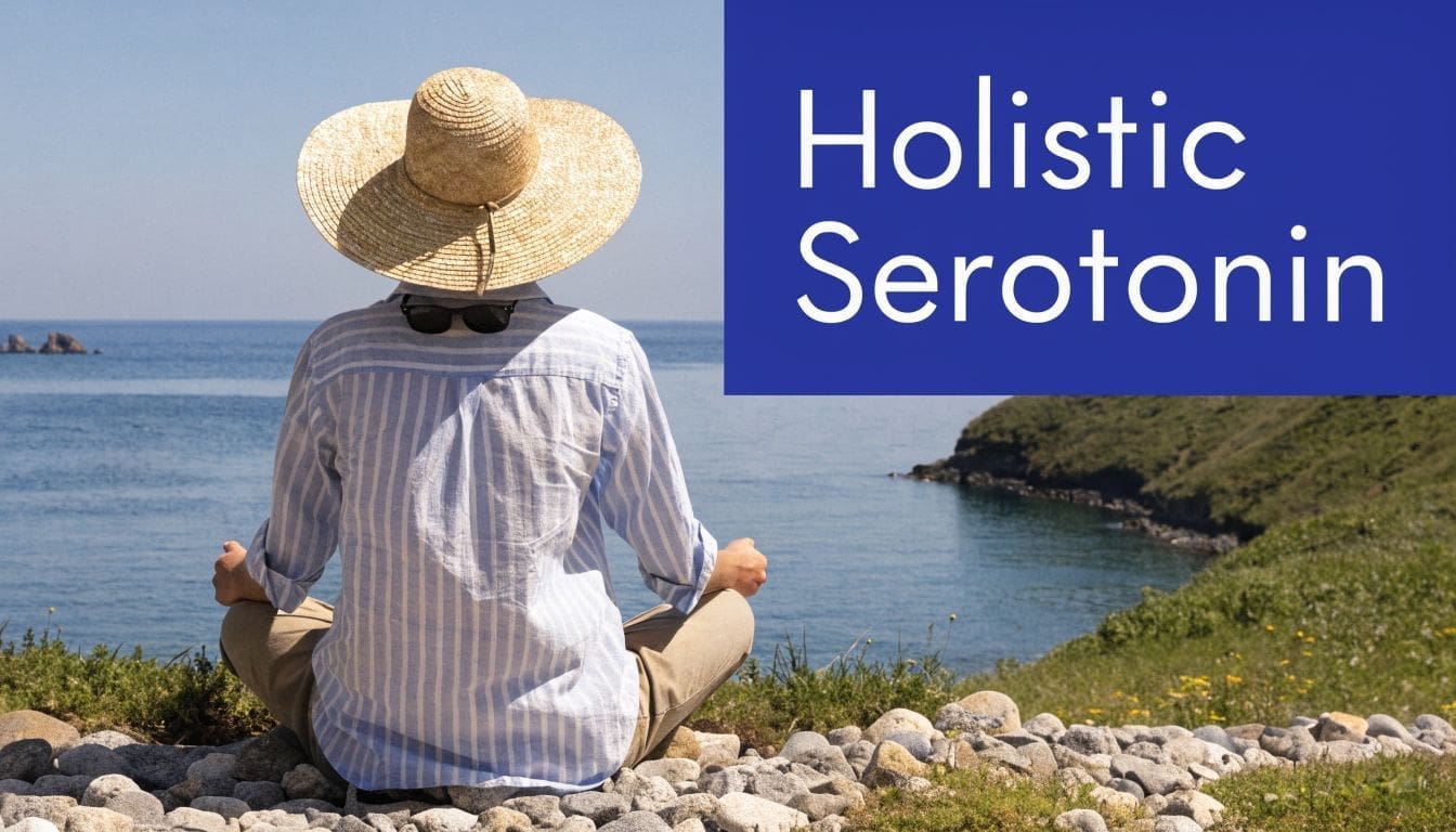 A person wearing a straw hat and striped shirt meditates peacefully by the ocean coastline.
