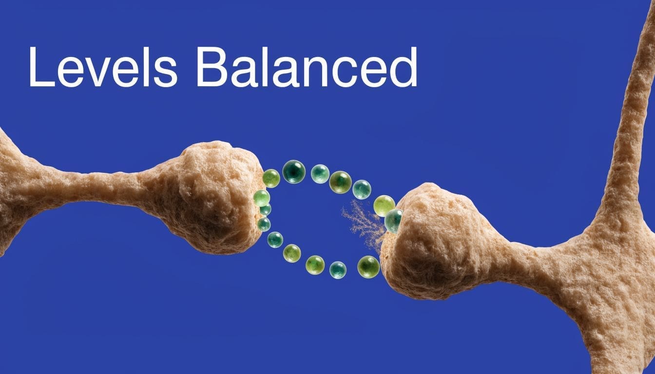 A 3D visualization showing a synapse with neurotransmitters moving between two neurons against a blue background.