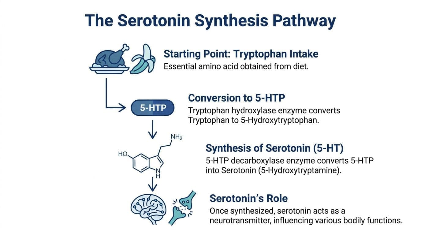A diagram illustrating the serotonin synthesis pathway, from dietary tryptophan intake to its role as a neurotransmitter.