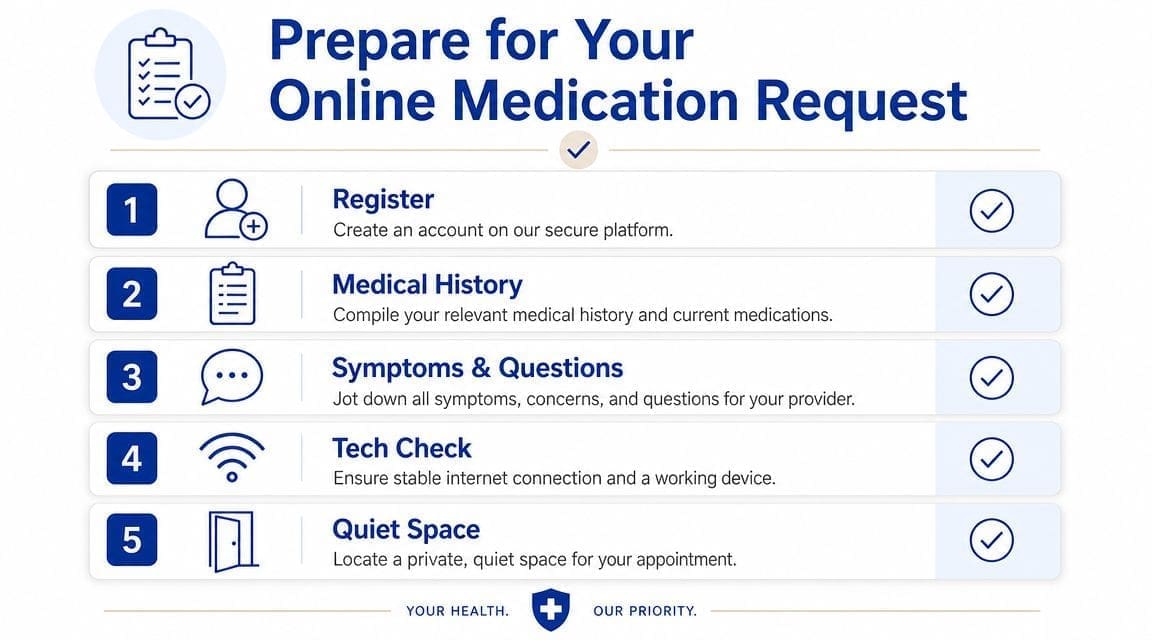 A checklist infographic detailing five essential preparation steps for an online medication request appointment.