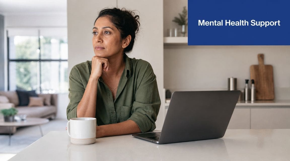 A pensive woman in a green shirt sits at a kitchen counter with a laptop and coffee.