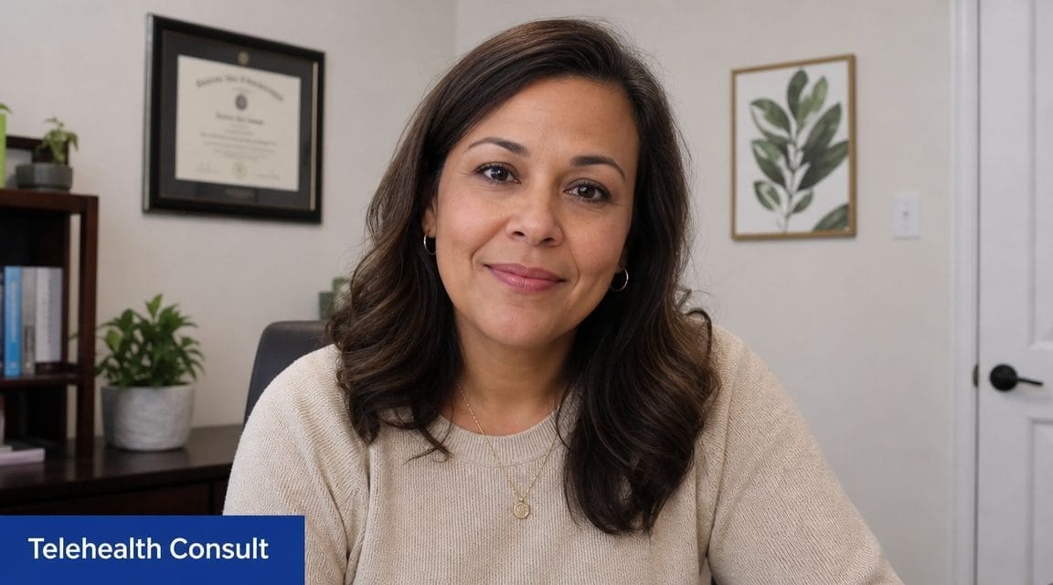 A smiling woman wearing a beige sweater participates in a professional telehealth video consultation session.