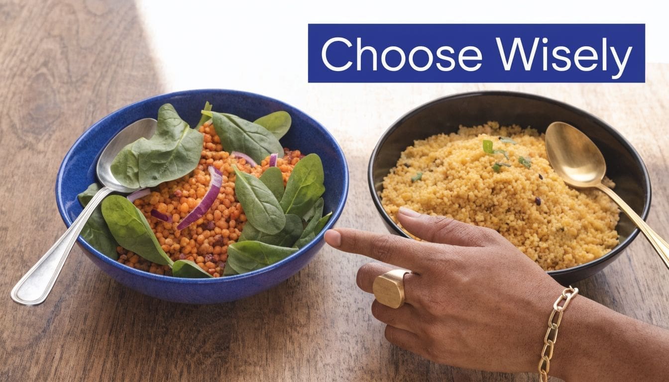 A person choosing between a bowl of healthy grains with spinach and a bowl of plain couscous.