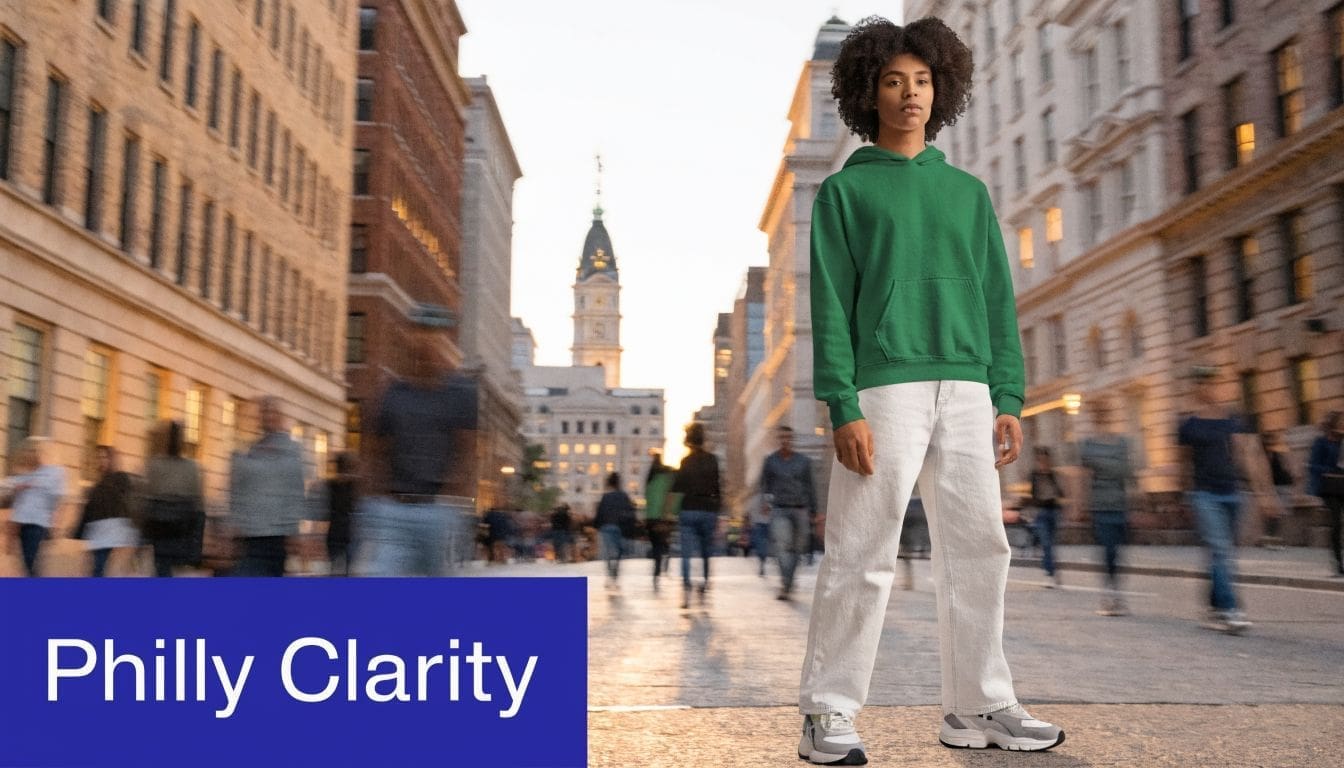A person wearing a green hoodie and white jeans standing on a street in Philadelphia.